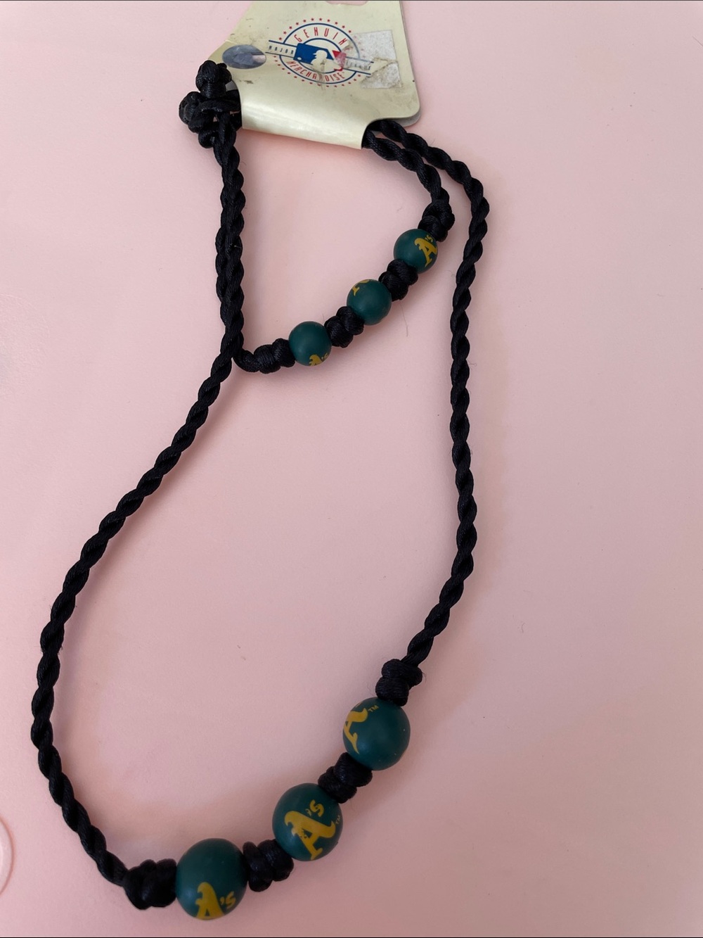 Green Beaded Cord Necklace with Yellow Accents Oakland A’s Baseball